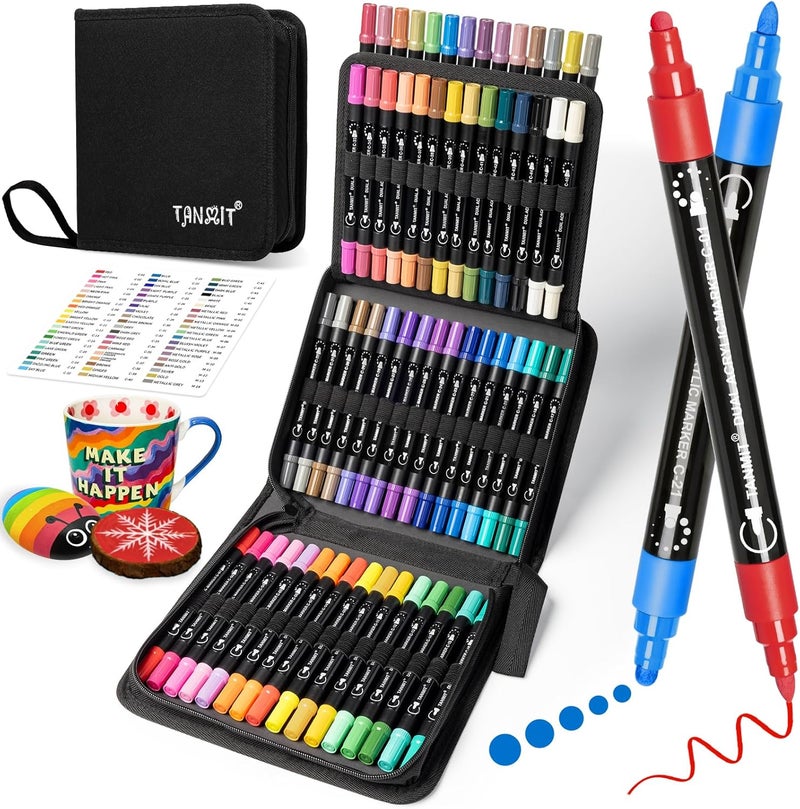 TANMIT Acrylic Paint Pens Markers, 60 Colors Dual Tip Acrylic Paint Pens for Rock Painting, Wood, Canvas, Stone, Glass, Ceramic Surfaces, DIY Crafts Making Art Supplies (Round Tip and Fine Tip) - Image 1